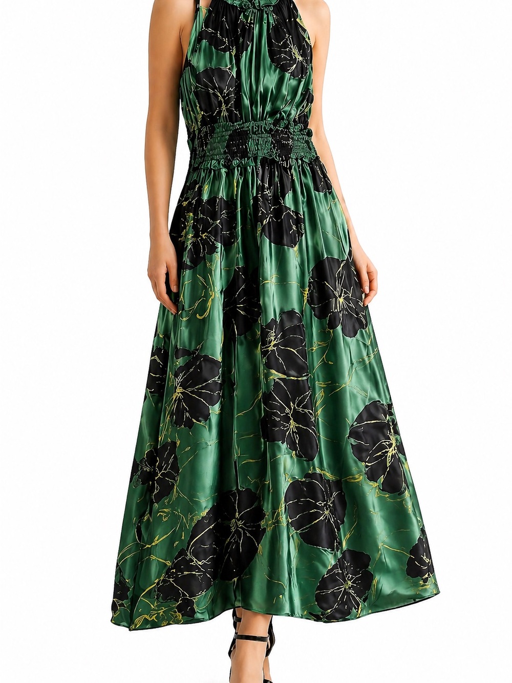 Nordstrom Green Halter Maxi Dress with Black Floral Print
